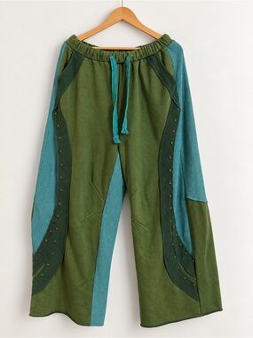 Green & Teal Wide-Leg Drawstring Pants
